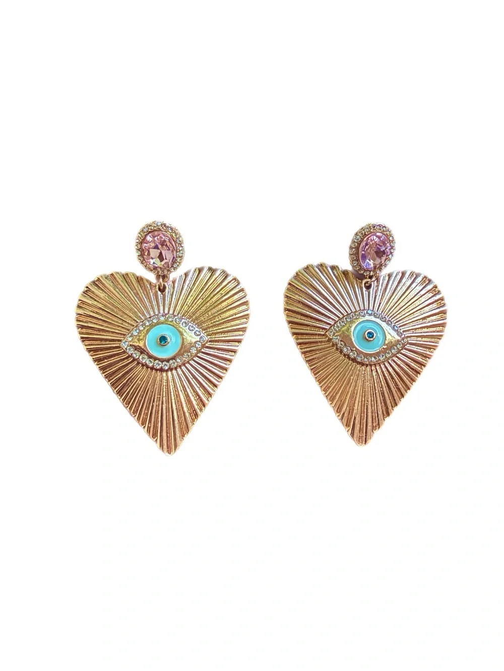 Forever 21 Gold Heart Evil Eye Statement Earrings with Pink Crystal Stud